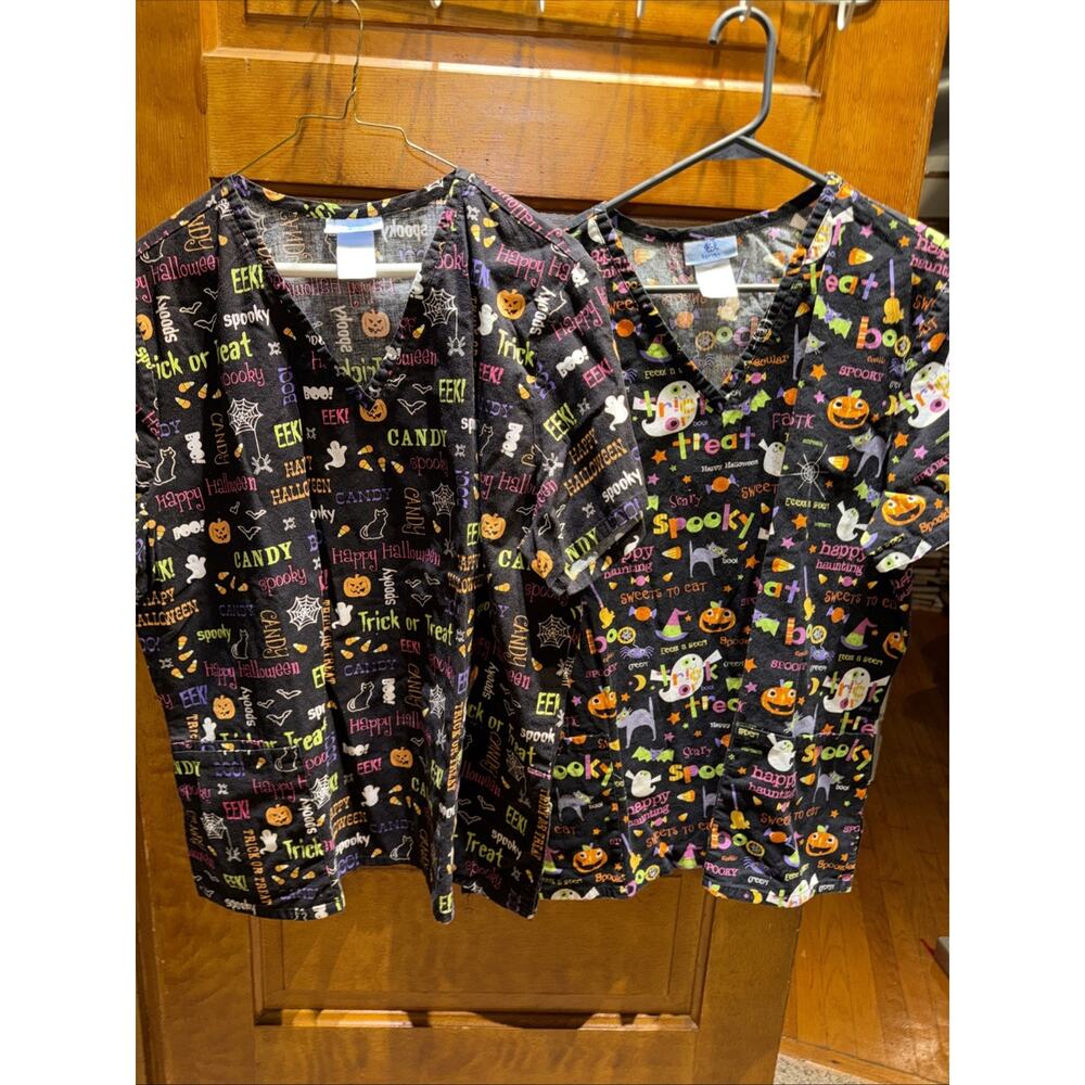 Scrub Top Lot Of 2 Black Halloween SB Scrubs Happy Haunting Happy Candy Size XL